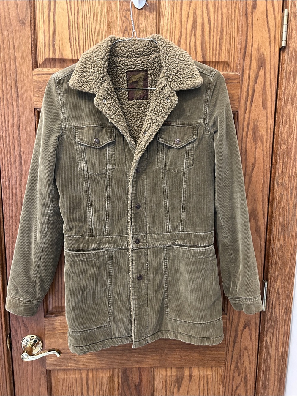 7 For All Mankind Olive Green Corduroy Sherpa-Lined Jacket